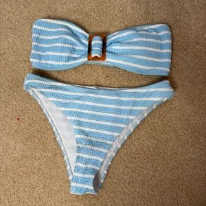 Blue and White Striped Strapless Bikini Set
